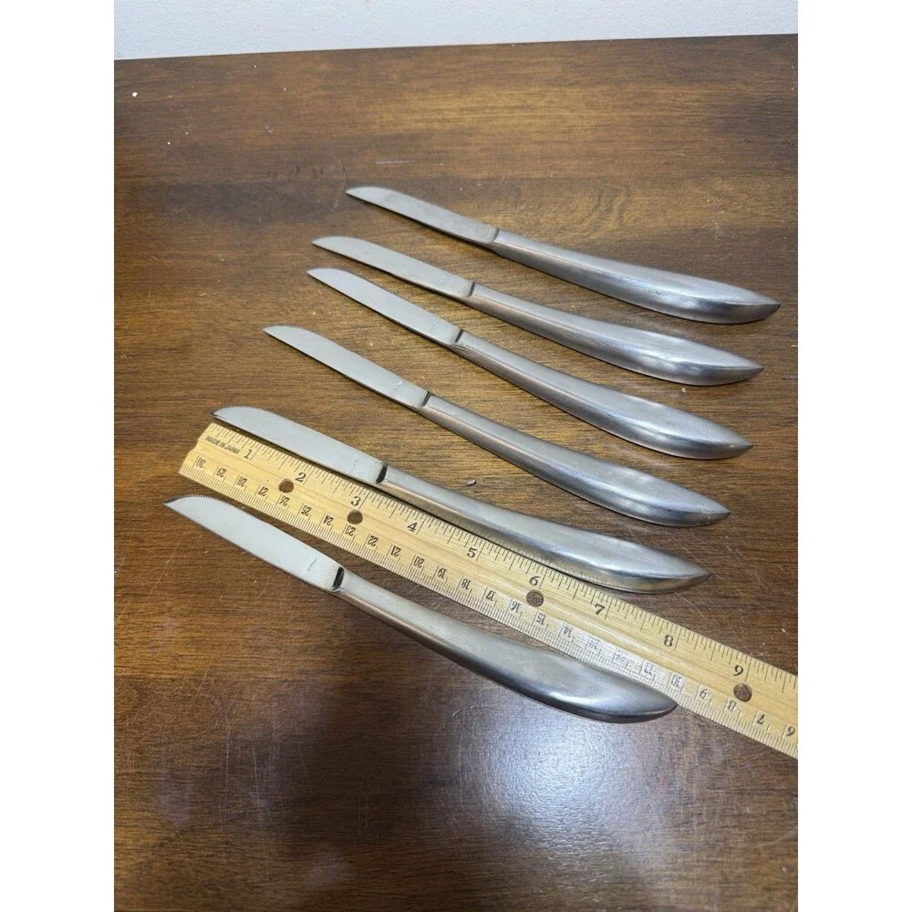 Vintage MCM Steak Knife Set 6pc Stainless Steel Oak Block Stand Curved Japan